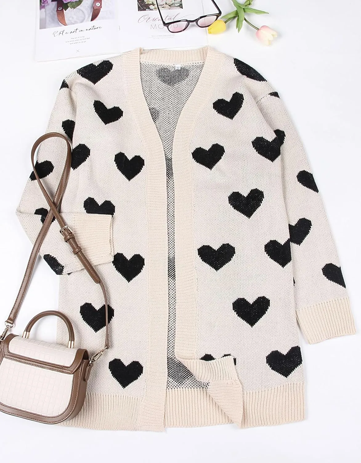 Alsol Lamesa Women's Long Sleeve Cute Cardigan Sweaters V Neck Open Front Ribbed Knit Heart Sweater Coat