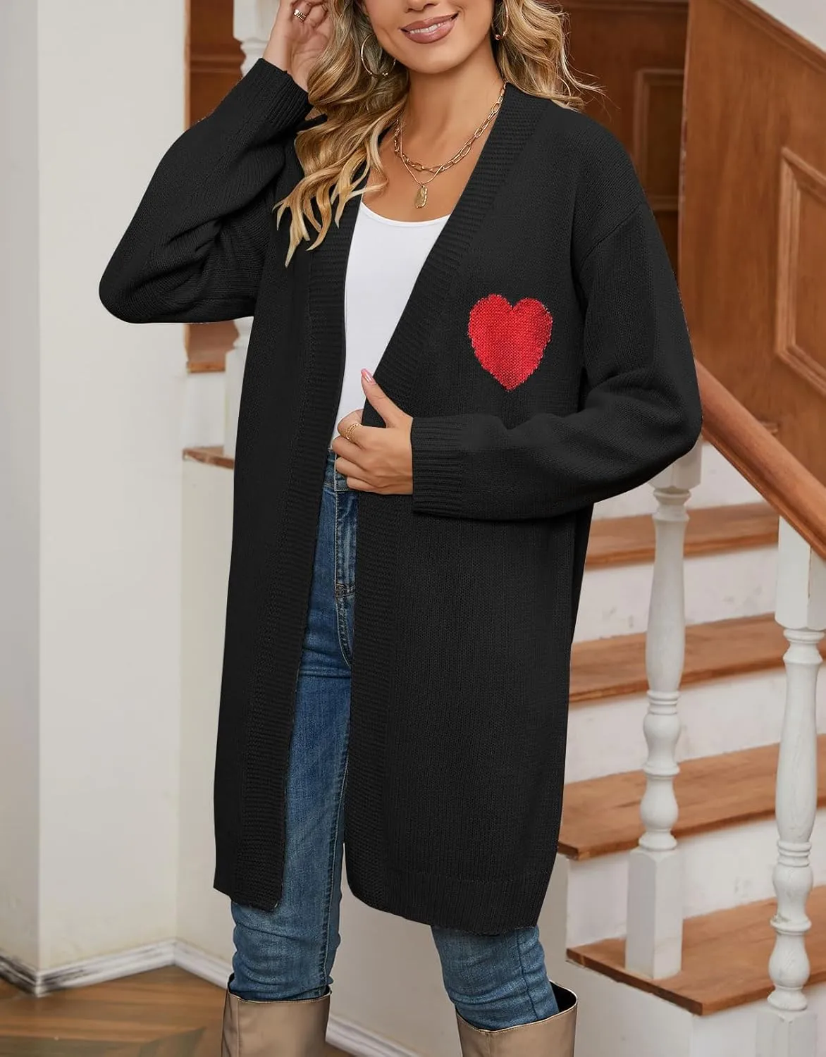Alsol Lamesa Women's Long Sleeve Cute Cardigan Sweaters V Neck Open Front Ribbed Knit Heart Sweater Coat