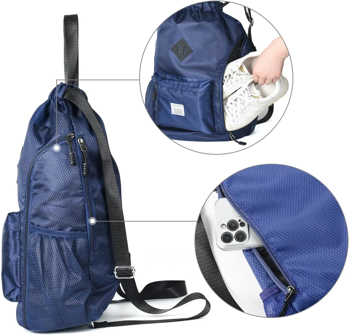 ALUSBELL Large Drawstring Backpack Bag, Sports Gym Bag String Sackpack with Shoes Compartment, Waterproof String Bag Cinch for Women Men(Navy Blue)