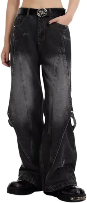 American High Street Vibe Heavy Industry Spliced Jeans Belted Leg Relaxed Fit Jean