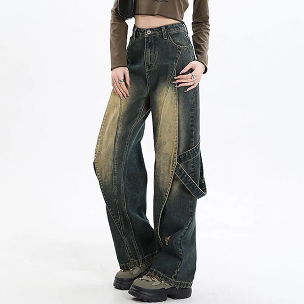 American High Street Vibe Heavy Industry Spliced Jeans Belted Leg Relaxed Fit Jean