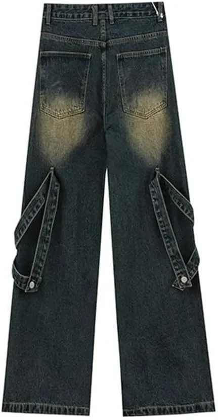 American High Street Vibe Heavy Industry Spliced Jeans Belted Leg Relaxed Fit Jean