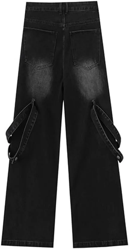 American High Street Vibe Heavy Industry Spliced Jeans Belted Leg Relaxed Fit Jean