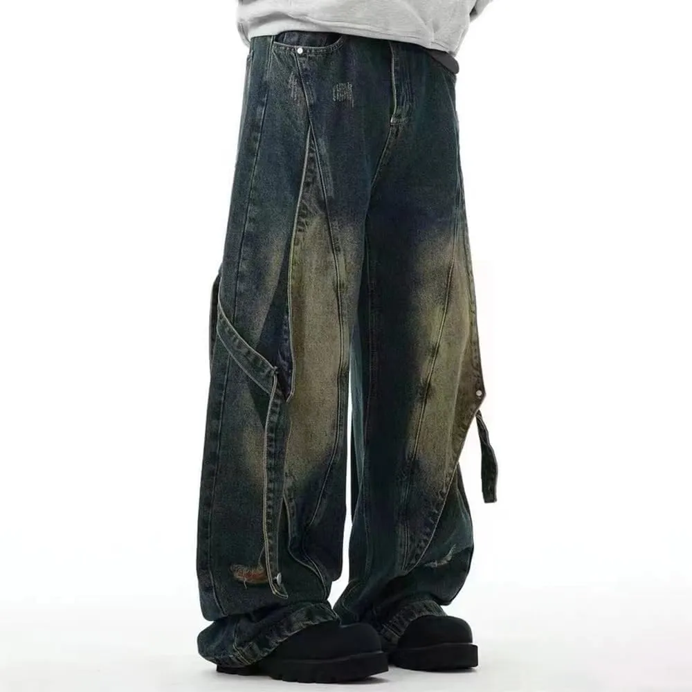 American High Street Vibe Heavy Industry Spliced Jeans Belted Leg Relaxed Fit Jean