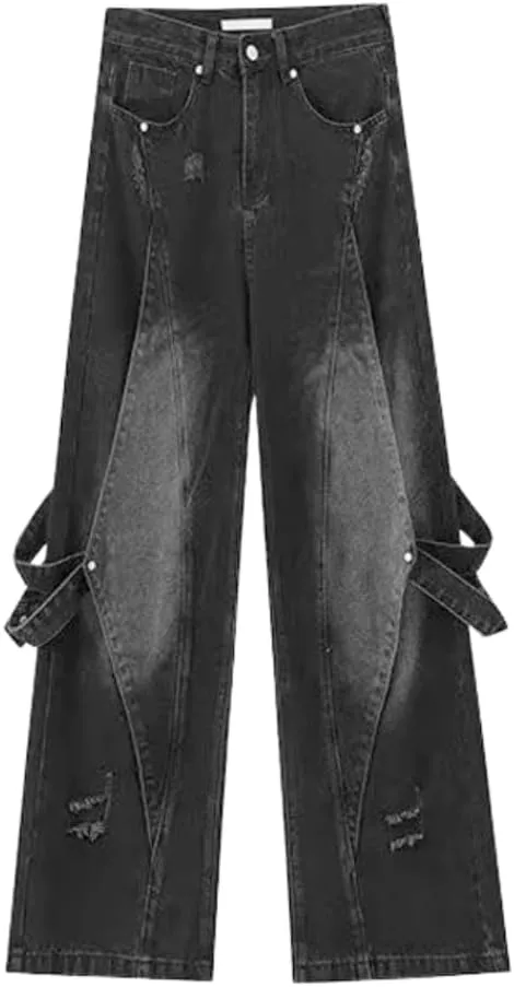 American High Street Vibe Heavy Industry Spliced Jeans Belted Leg Relaxed Fit Jean