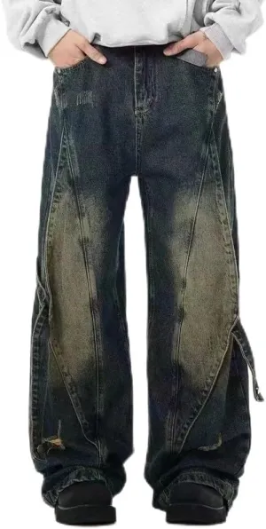 American High Street Vibe Heavy Industry Spliced Jeans Belted Leg Relaxed Fit Jean