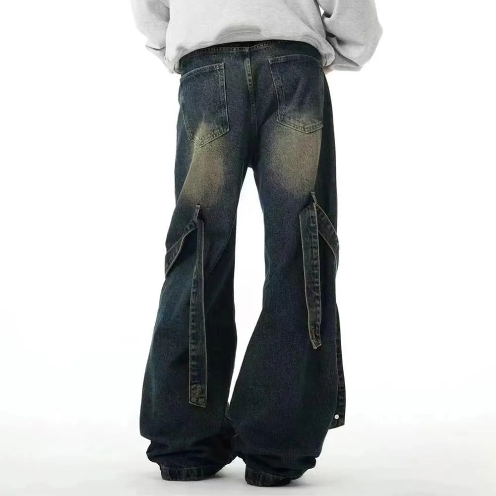 American High Street Vibe Heavy Industry Spliced Jeans Belted Leg Relaxed Fit Jean