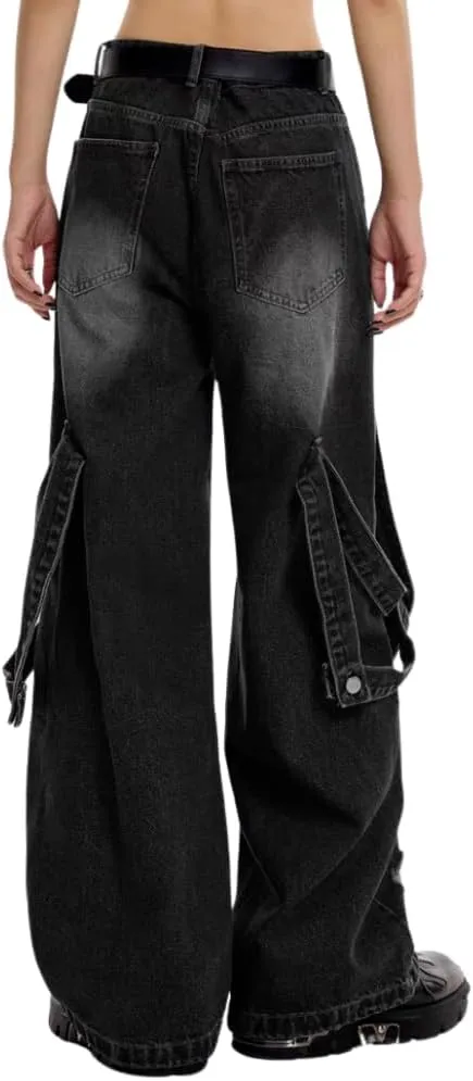 American High Street Vibe Heavy Industry Spliced Jeans Belted Leg Relaxed Fit Jean