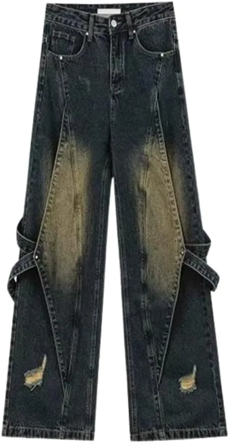 American High Street Vibe Heavy Industry Spliced Jeans Belted Leg Relaxed Fit Jean