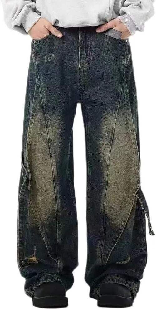 American High Street Vibe Heavy Industry Spliced Jeans Belted Leg Relaxed Fit Jean