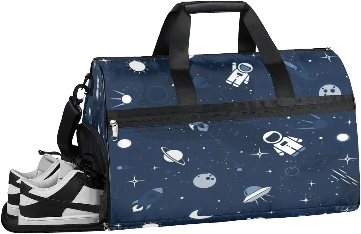 Astronaut Space Shuttle Gym Bag for Men Women Fitness Workout Sports Duffle Bag with Shoes Compartment Water Resistant Overnight Weekender Duffel Bag