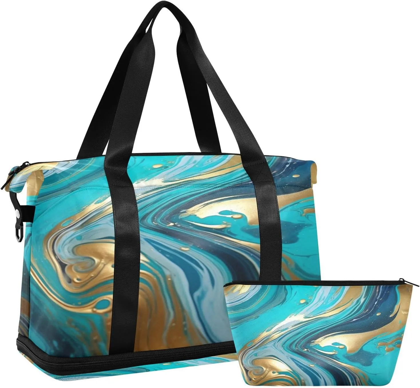 Blue and Gold Marble Gym Bag for Men Women with Shoes Compartment & Wet Pocket Sport Travel Duffel Bag Waterproof Weekender Overnight Bag