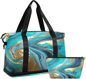 Blue and Gold Marble Gym Bag for Men Women with Shoes Compartment & Wet Pocket Sport Travel Duffel Bag Waterproof Weekender Overnight Bag