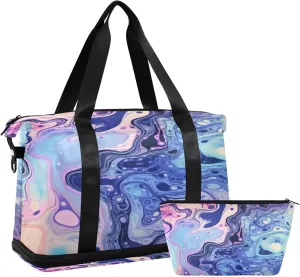 Blue and Purple Marbled Gym Bag for Men Women with Shoes Compartment & Wet Pocket Sport Travel Duffel Bag Waterproof Weekender Overnight Bag