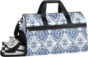 Blue Patterns Resistant Sports Gym Bag for Women Men Travel Duffel bag with Wet Pocket & Shoes Compartment Waterproof Weekender Bag 19.7"x9.9"x13"