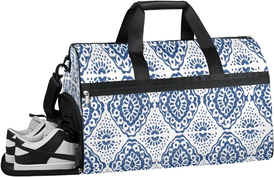 Blue Patterns Resistant Sports Gym Bag for Women Men Travel Duffel bag with Wet Pocket & Shoes Compartment Waterproof Weekender Bag 19.7"x9.9"x13"