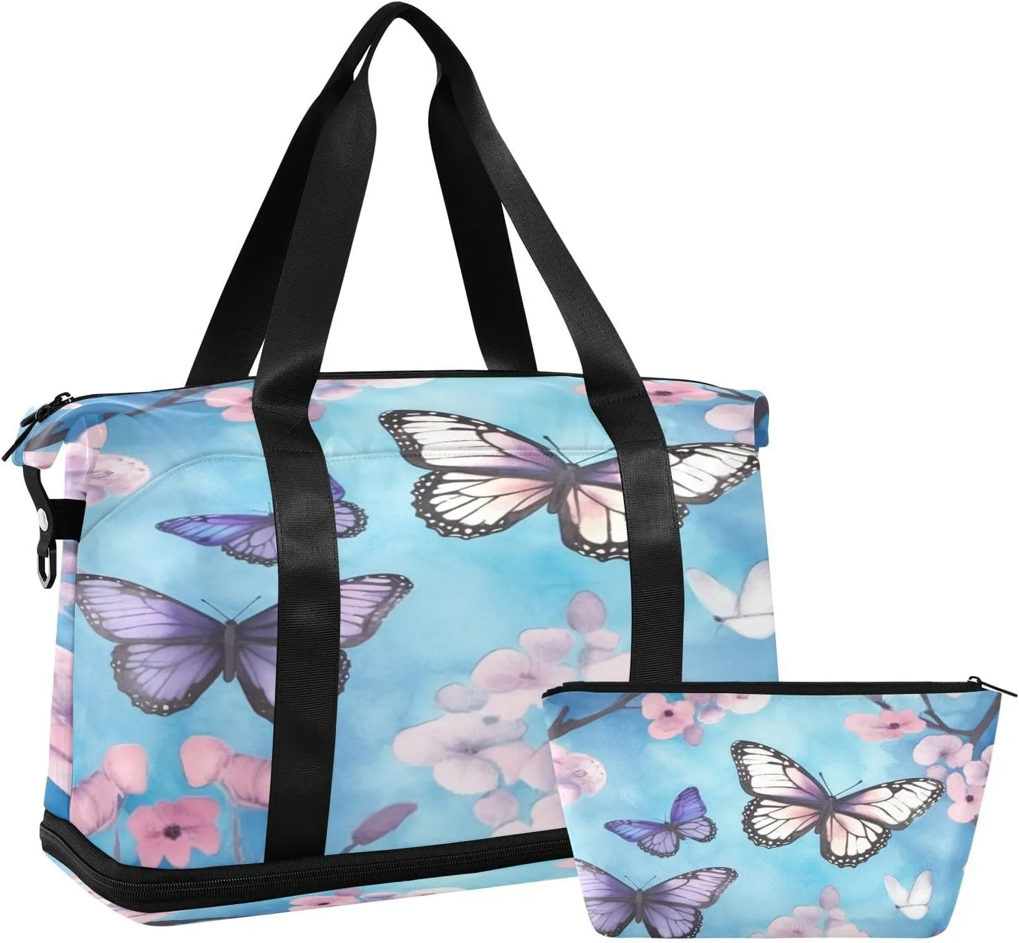 Butterflies with White Flowers Gym Bag for Men Women with Shoes Compartment & Wet Pocket Sport Travel Duffel Bag Waterproof Weekender Overnight Bag