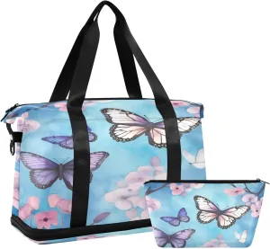 Butterflies with White Flowers Gym Bag for Men Women with Shoes Compartment & Wet Pocket Sport Travel Duffel Bag Waterproof Weekender Overnight Bag