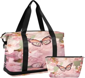 Butterfly and Blossom Sports Gym Bag,Travel Duffel bag with Wet Pocket & Shoes Compartment Lightweight Waterproof Overnight Bag for Men Women