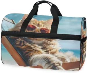 Cat Wearing Sunglasses Travel Duffel Bag Luggage Sports Gym Bags With Shoes Compartment Large Capacity Lightweight Duffle Bag For Men Women