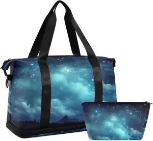 Colorful Clouds with Stars Gym Bag for Men Women with Shoes Compartment & Wet Pocket Sport Travel Duffel Bag Waterproof Weekender Overnight Bag