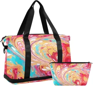 Colorful Glass Marble Gym Bag for Men Women with Shoes Compartment & Wet Pocket Sport Travel Duffel Bag Waterproof Weekender Overnight Bag