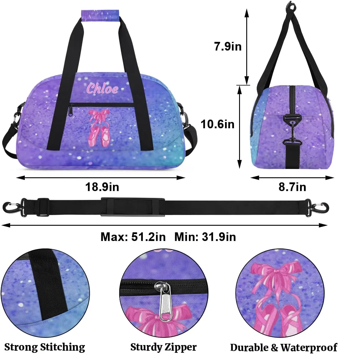 Custom Sports Ballet Dance Bag, Personalized Gym Cheerleaders Duffel Bag Travel Weekender Tote Carry-On Swimming Bag, Pink Ballet Shoes, Purple Glitters Bling