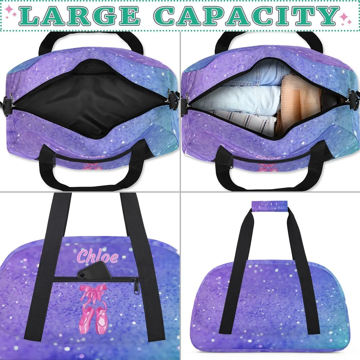 Custom Sports Ballet Dance Bag, Personalized Gym Cheerleaders Duffel Bag Travel Weekender Tote Carry-On Swimming Bag, Pink Ballet Shoes, Purple Glitters Bling