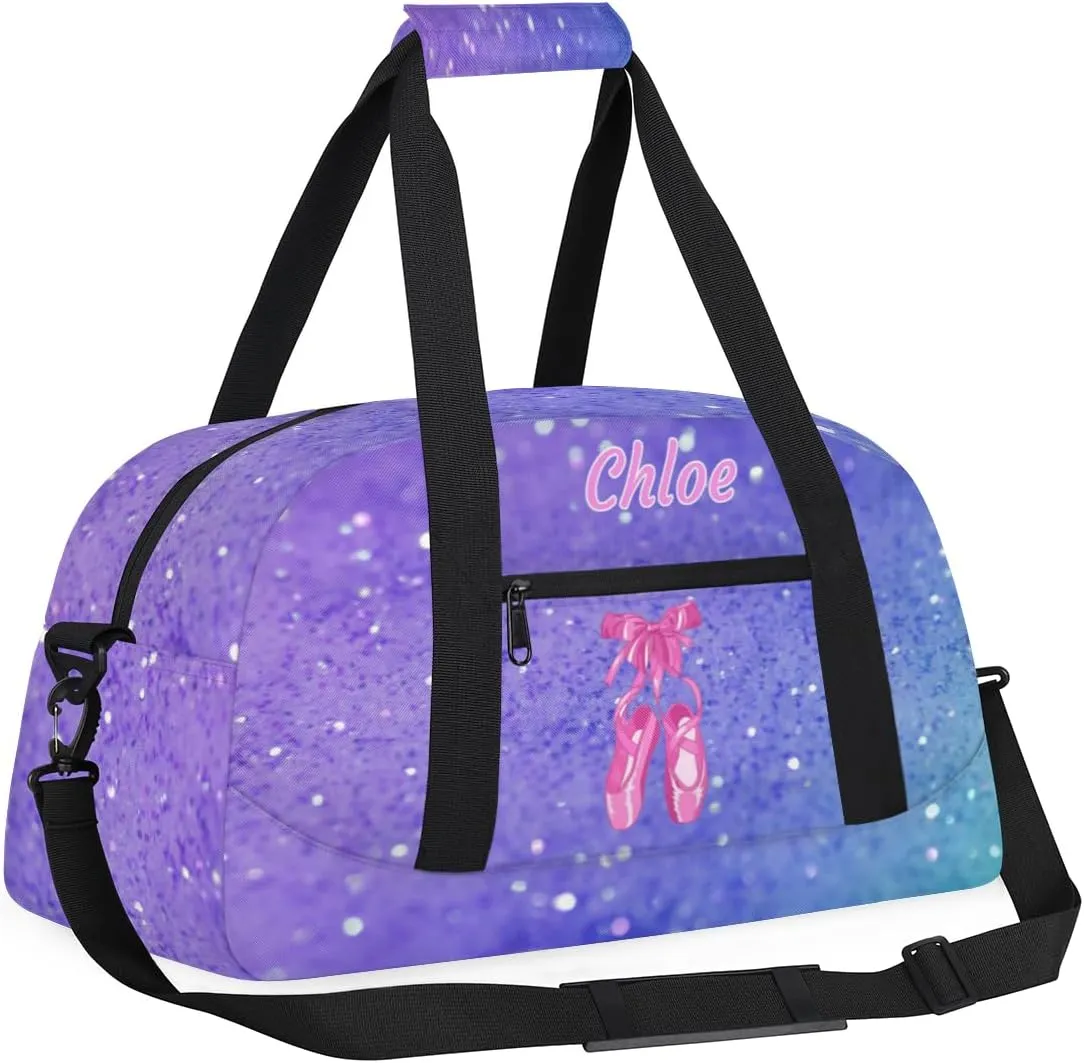 Custom Sports Ballet Dance Bag, Personalized Gym Cheerleaders Duffel Bag Travel Weekender Tote Carry-On Swimming Bag, Pink Ballet Shoes, Purple Glitters Bling