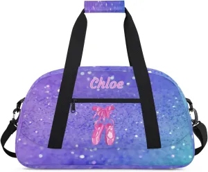 Custom Sports Ballet Dance Bag, Personalized Gym Cheerleaders Duffel Bag Travel Weekender Tote Carry-On Swimming Bag, Pink Ballet Shoes, Purple Glitters Bling