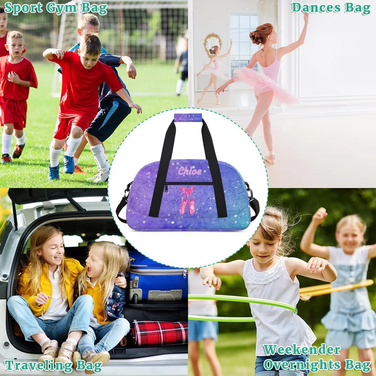 Custom Sports Ballet Dance Bag, Personalized Gym Cheerleaders Duffel Bag Travel Weekender Tote Carry-On Swimming Bag, Pink Ballet Shoes, Purple Glitters Bling