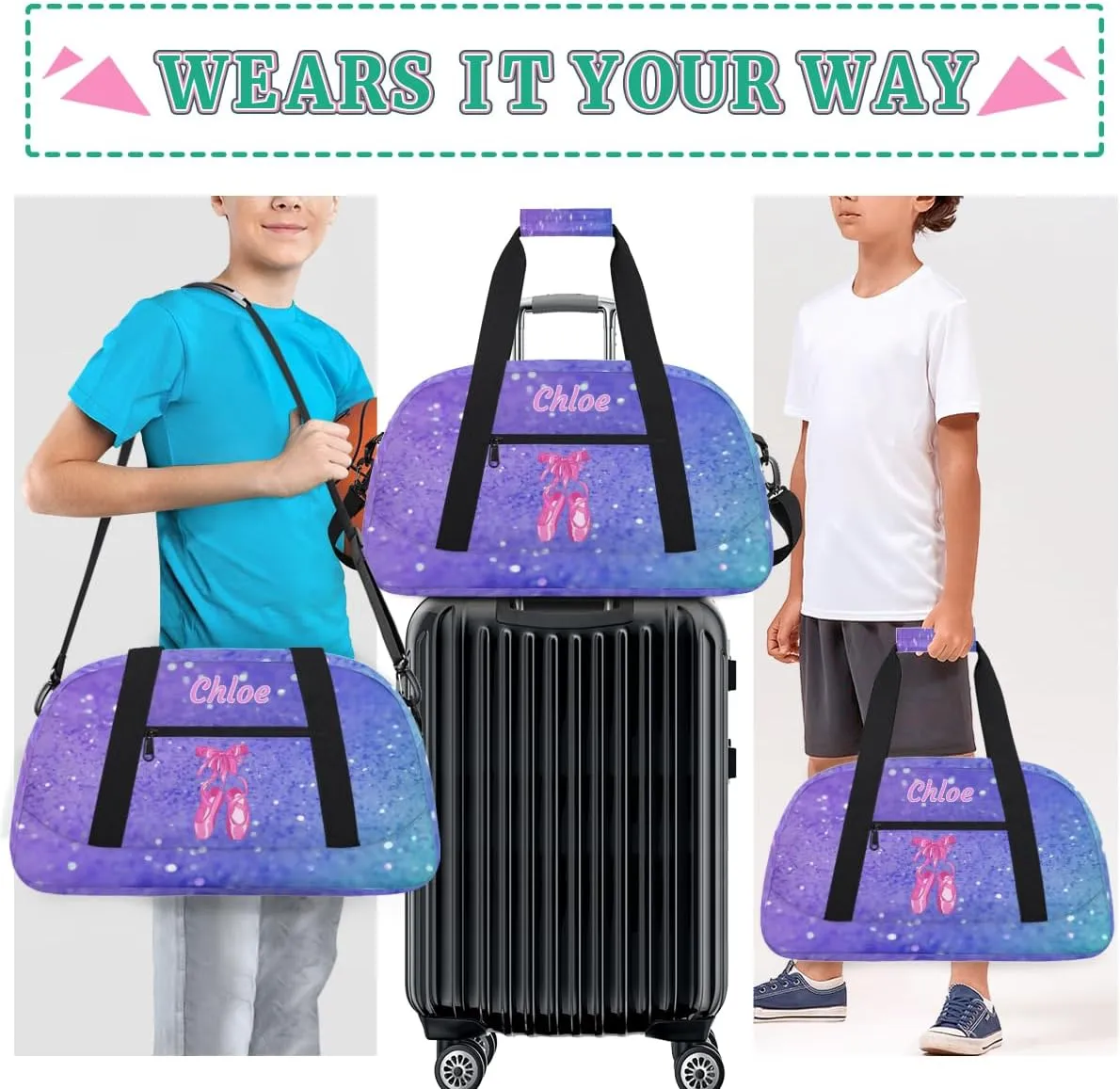 Custom Sports Ballet Dance Bag, Personalized Gym Cheerleaders Duffel Bag Travel Weekender Tote Carry-On Swimming Bag, Pink Ballet Shoes, Purple Glitters Bling