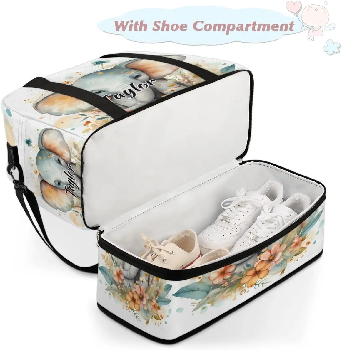Customized Gym Bag for Women, Personalized Elephant Travel Duffel Bag with Name, Animals Weekender Overnight Bag with Shoes Compartment for Men Travel Yoga