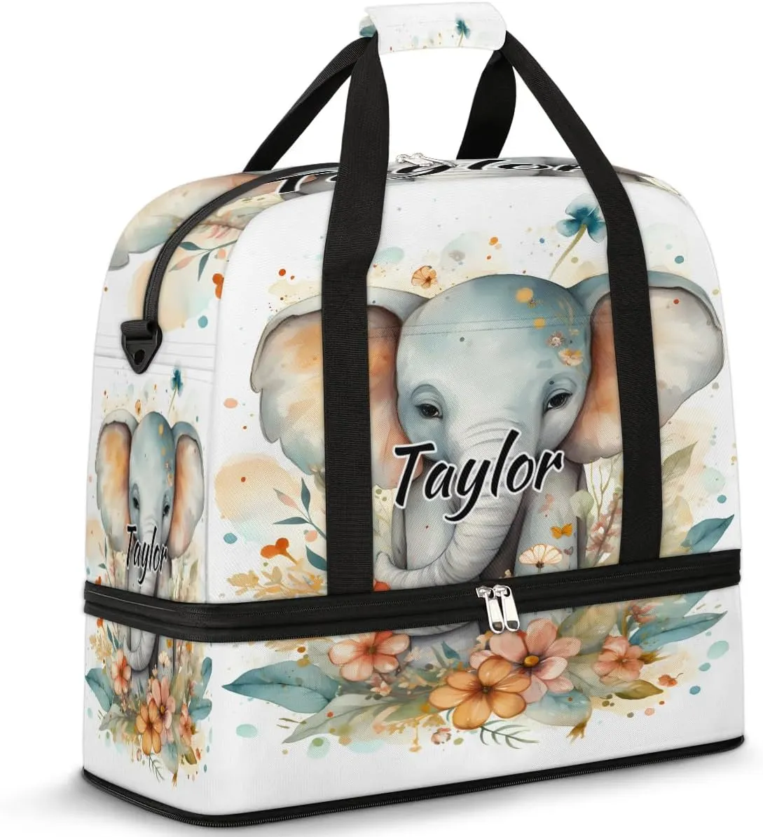 Customized Gym Bag for Women, Personalized Elephant Travel Duffel Bag with Name, Animals Weekender Overnight Bag with Shoes Compartment for Men Travel Yoga