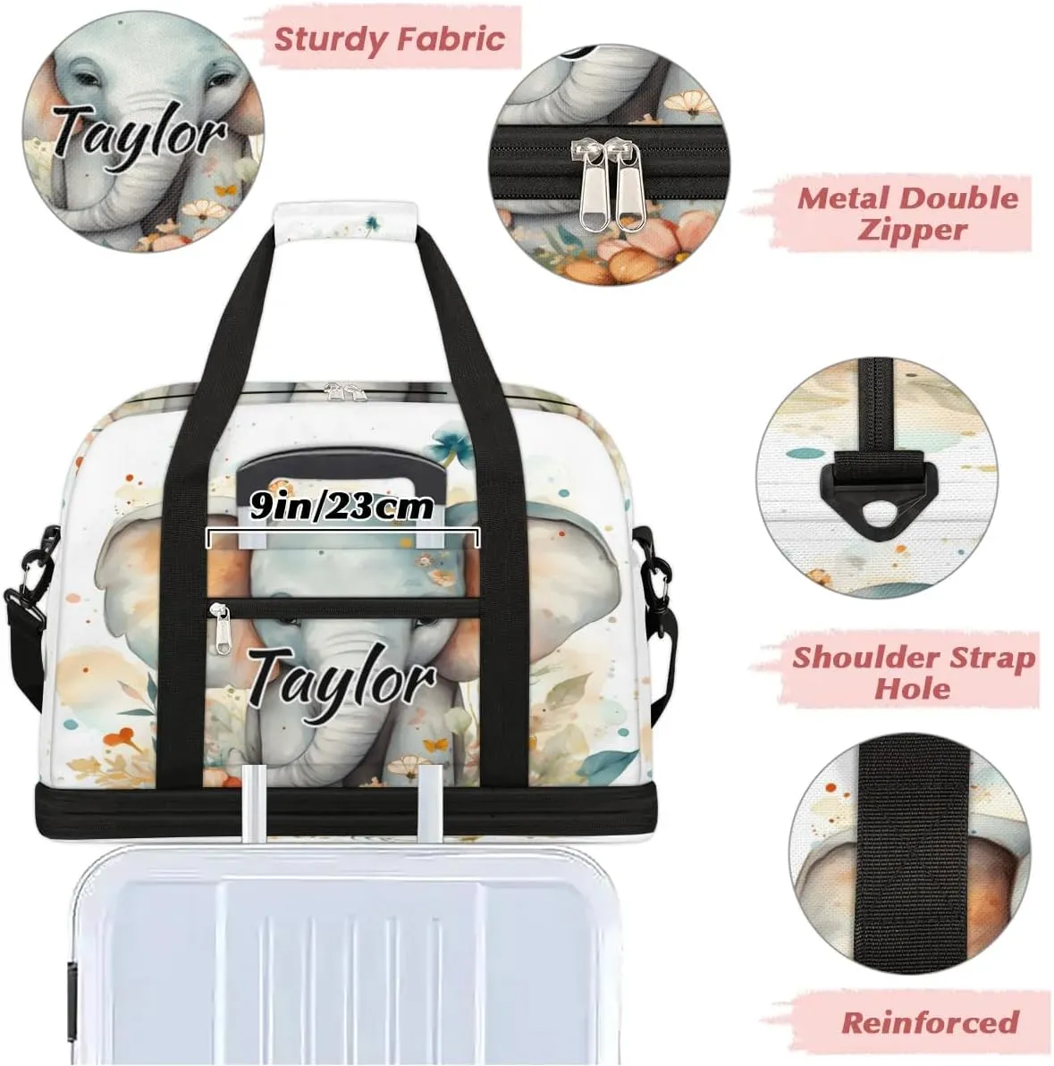 Customized Gym Bag for Women, Personalized Elephant Travel Duffel Bag with Name, Animals Weekender Overnight Bag with Shoes Compartment for Men Travel Yoga