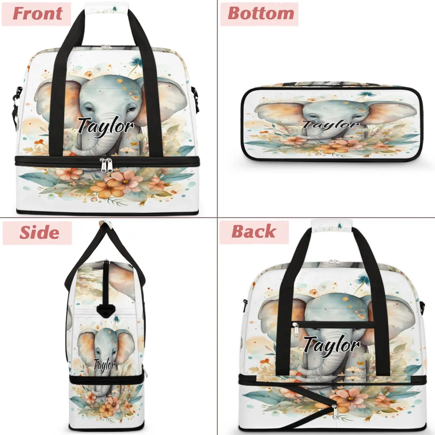 Customized Gym Bag for Women, Personalized Elephant Travel Duffel Bag with Name, Animals Weekender Overnight Bag with Shoes Compartment for Men Travel Yoga