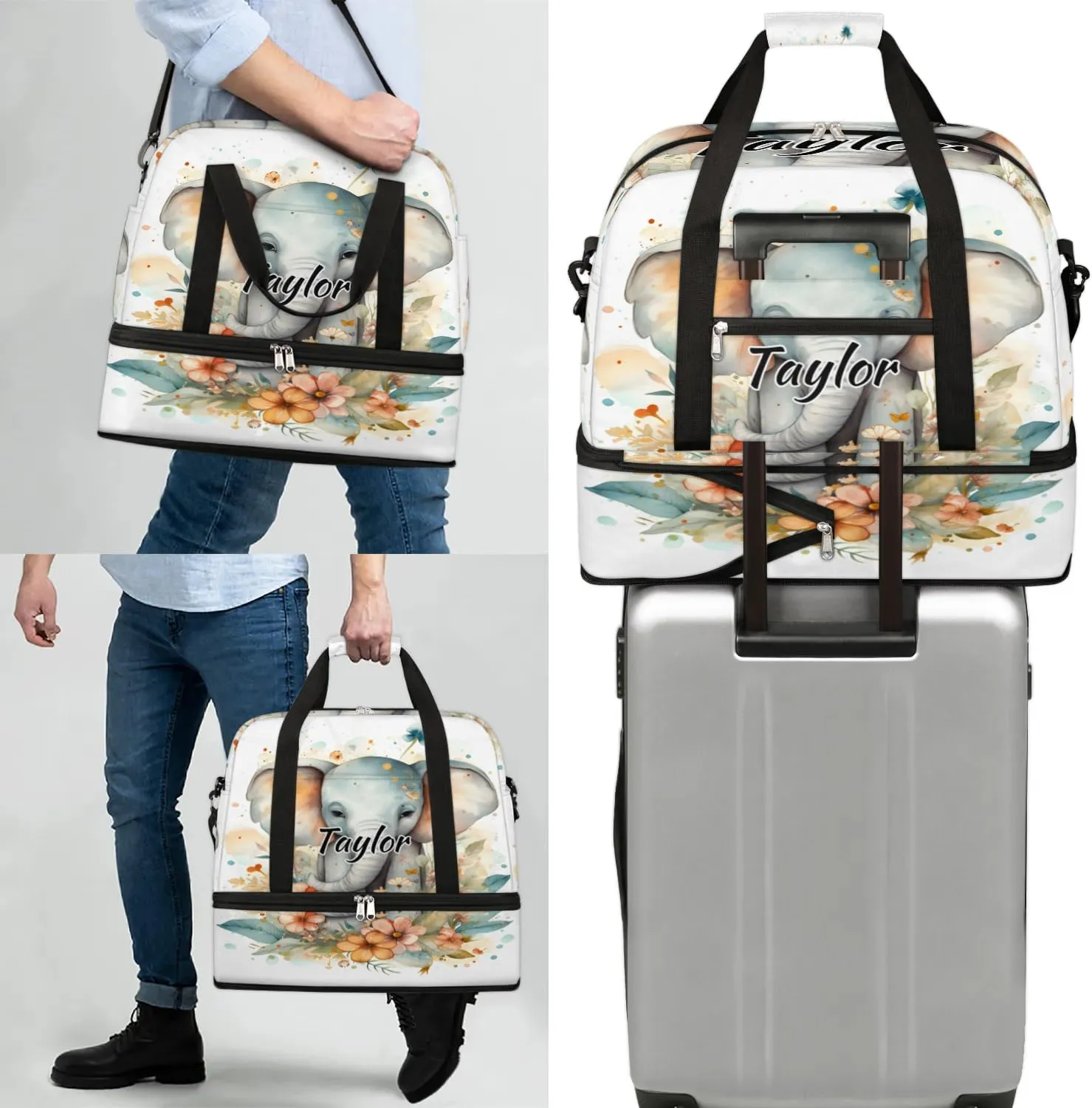 Customized Gym Bag for Women, Personalized Elephant Travel Duffel Bag with Name, Animals Weekender Overnight Bag with Shoes Compartment for Men Travel Yoga