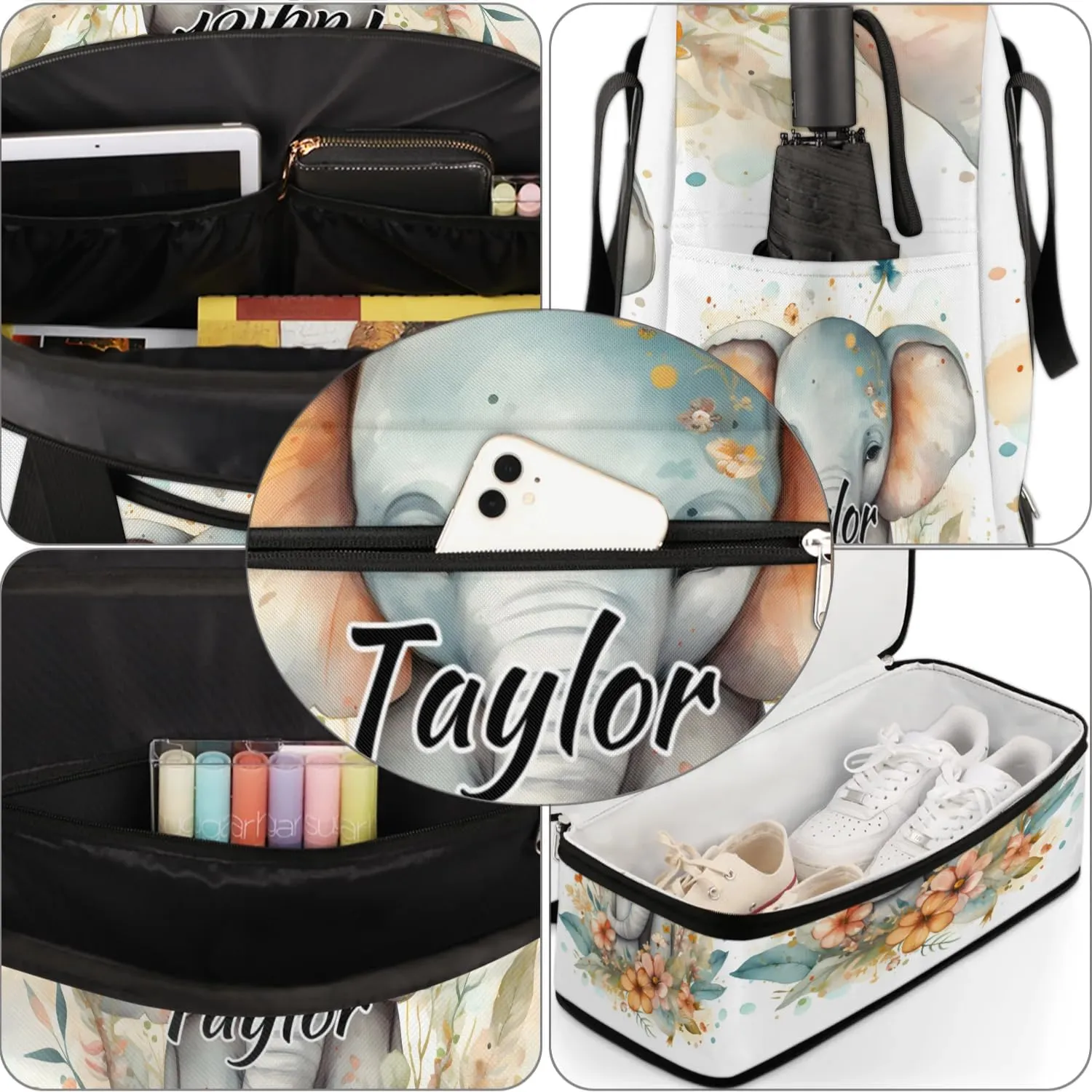 Customized Gym Bag for Women, Personalized Elephant Travel Duffel Bag with Name, Animals Weekender Overnight Bag with Shoes Compartment for Men Travel Yoga