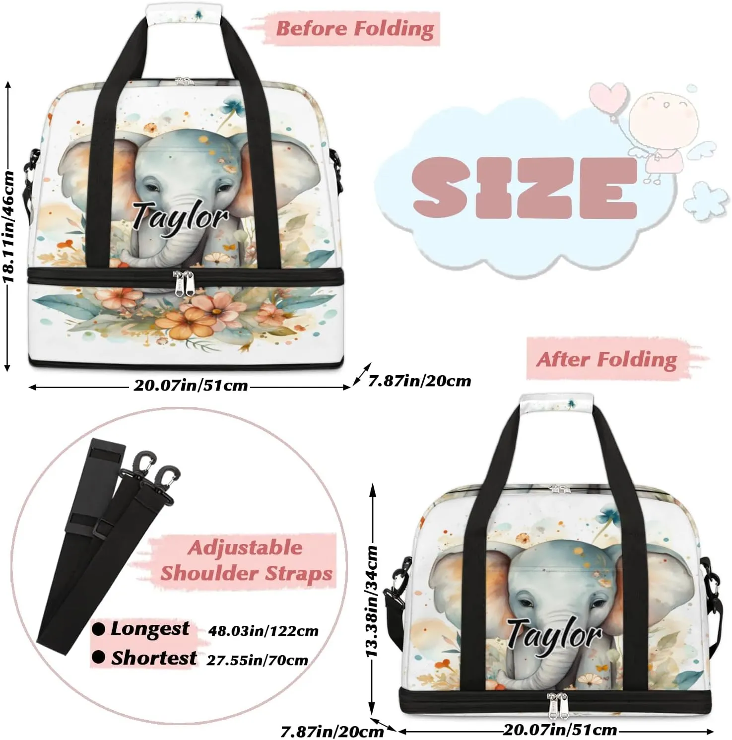Customized Gym Bag for Women, Personalized Elephant Travel Duffel Bag with Name, Animals Weekender Overnight Bag with Shoes Compartment for Men Travel Yoga