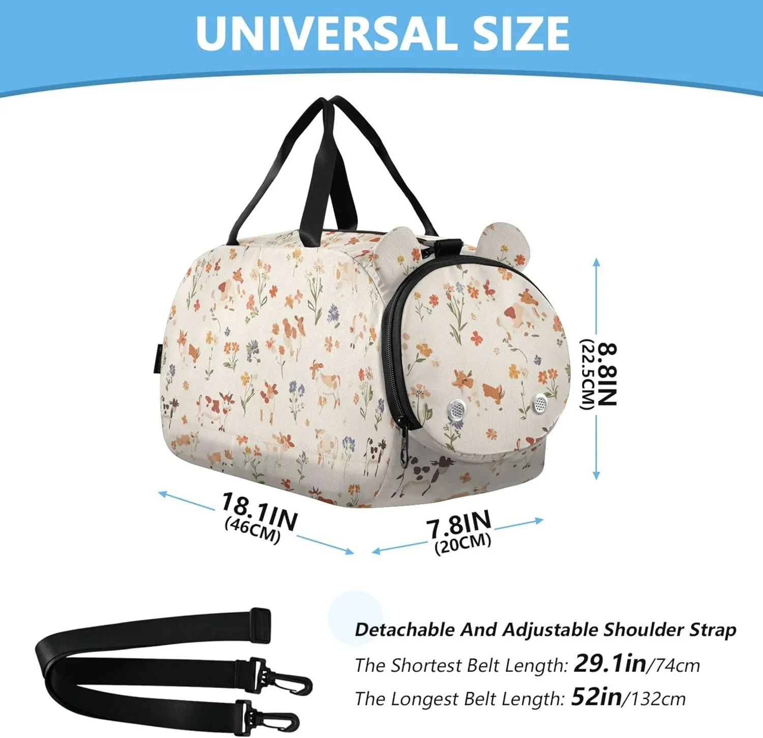 Cute Cow Beige Girl's Gym Duffel Bag with Shoes Compartment Large Capacity Travel Duffel with Adjustable Strap for Boys and Girls