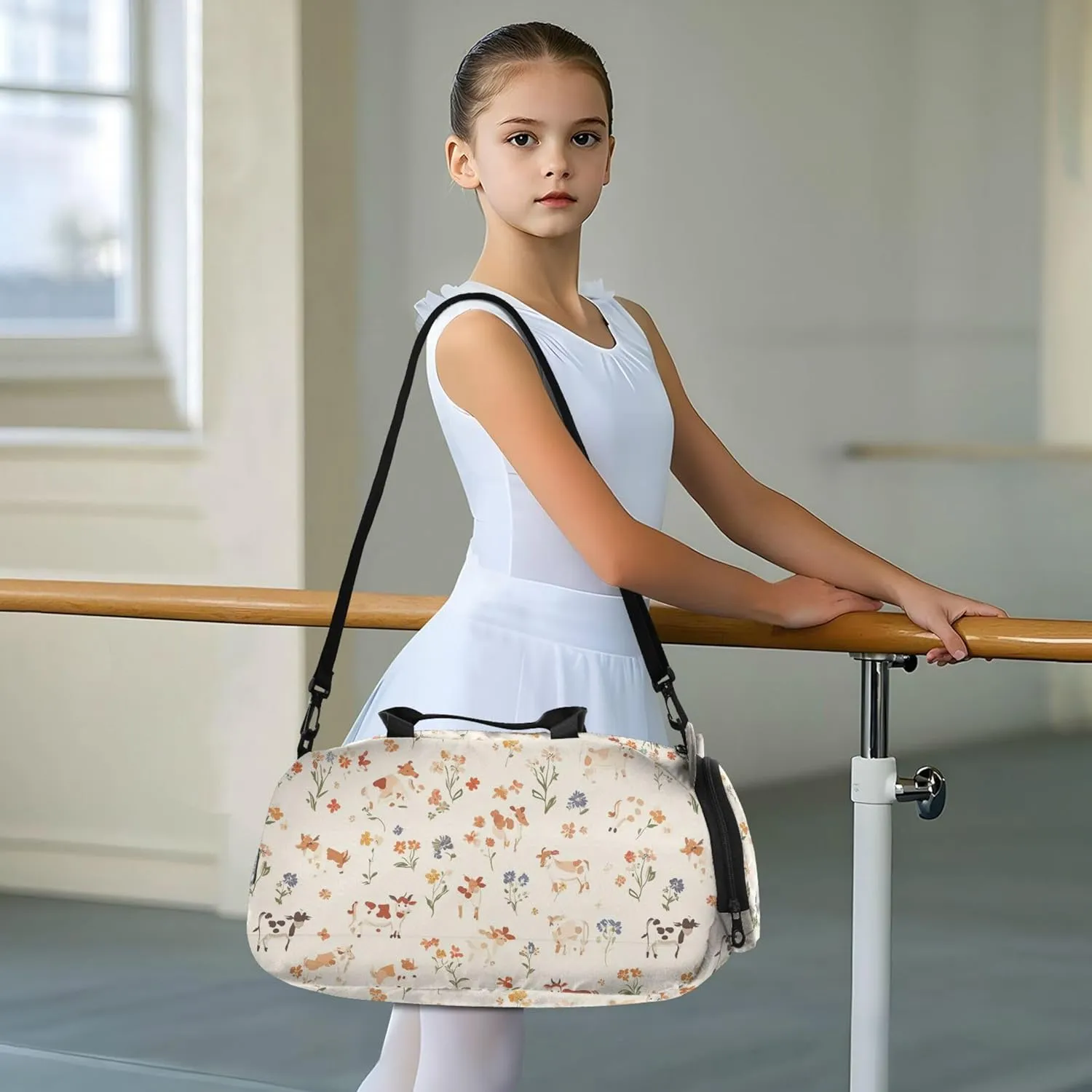 Cute Cow Beige Girl's Gym Duffel Bag with Shoes Compartment Large Capacity Travel Duffel with Adjustable Strap for Boys and Girls