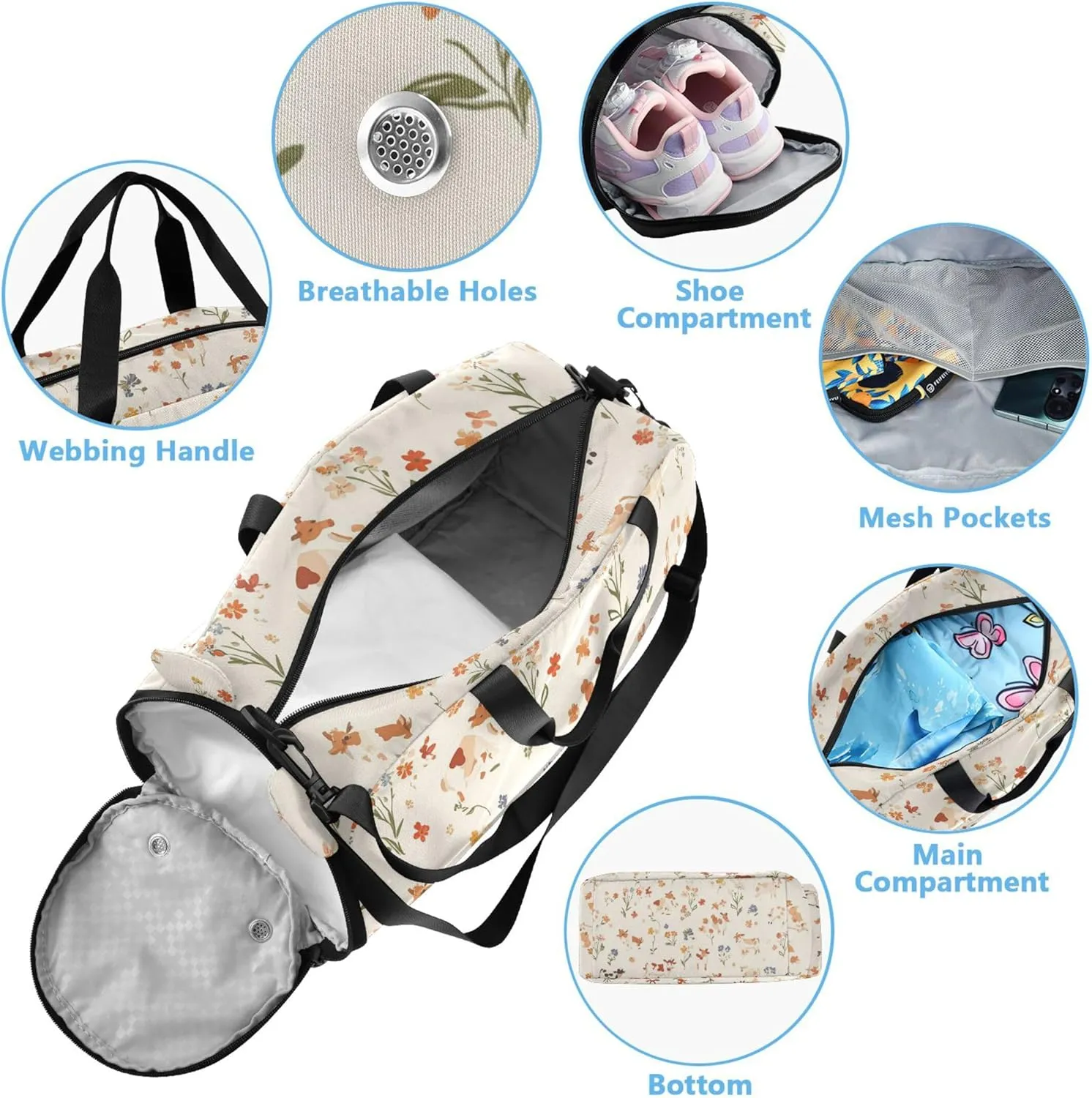 Cute Cow Beige Girl's Gym Duffel Bag with Shoes Compartment Large Capacity Travel Duffel with Adjustable Strap for Boys and Girls