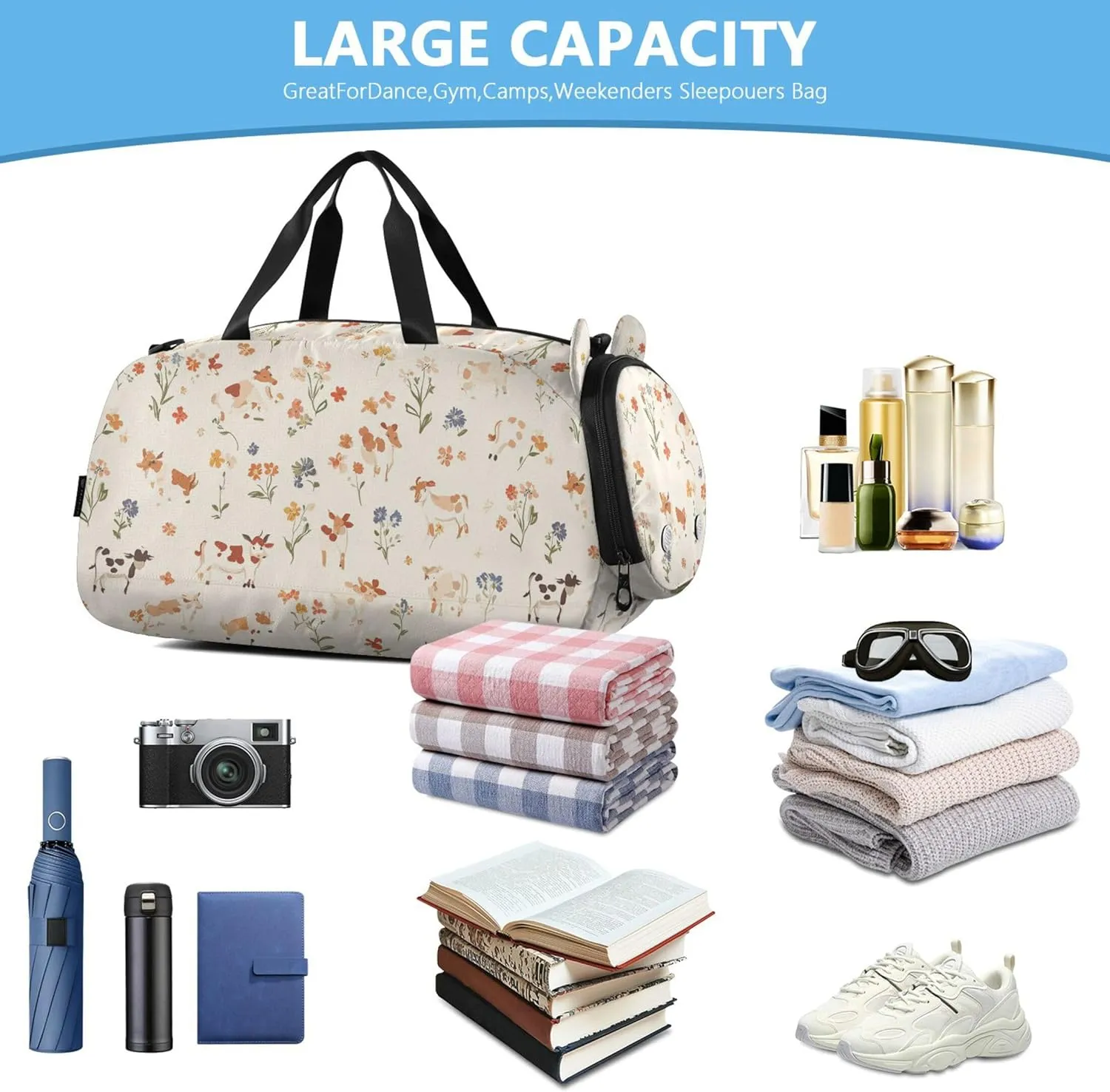 Cute Cow Beige Girl's Gym Duffel Bag with Shoes Compartment Large Capacity Travel Duffel with Adjustable Strap for Boys and Girls