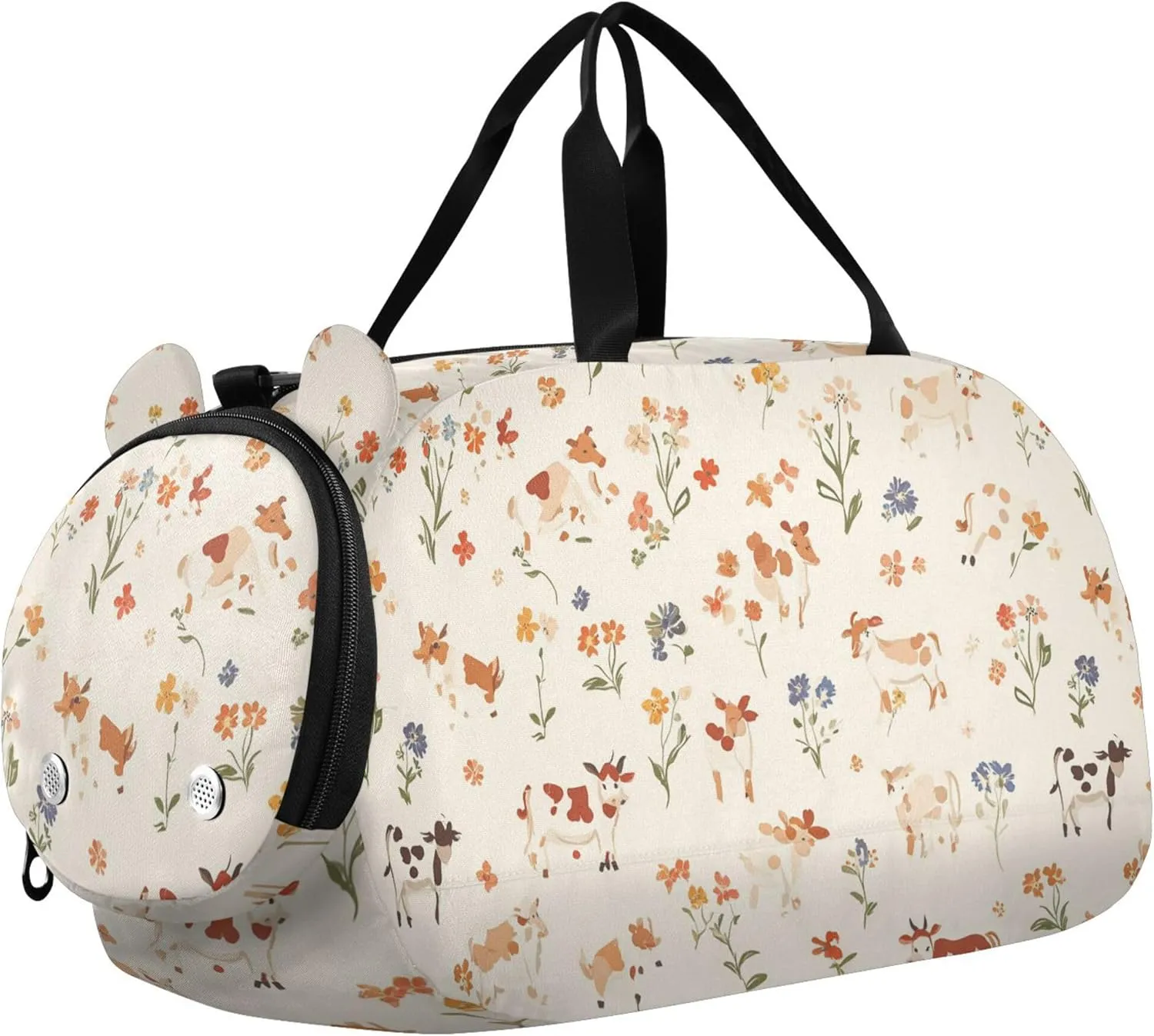 Cute Cow Beige Girl's Gym Duffel Bag with Shoes Compartment Large Capacity Travel Duffel with Adjustable Strap for Boys and Girls
