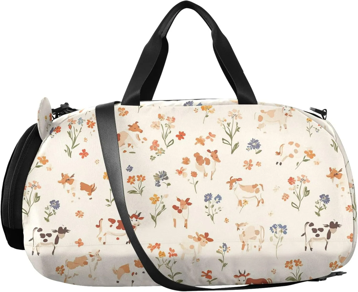 Cute Cow Beige Girl's Gym Duffel Bag with Shoes Compartment Large Capacity Travel Duffel with Adjustable Strap for Boys and Girls
