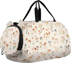 Cute Cow Beige Girl's Gym Duffel Bag with Shoes Compartment Large Capacity Travel Duffel with Adjustable Strap for Boys and Girls