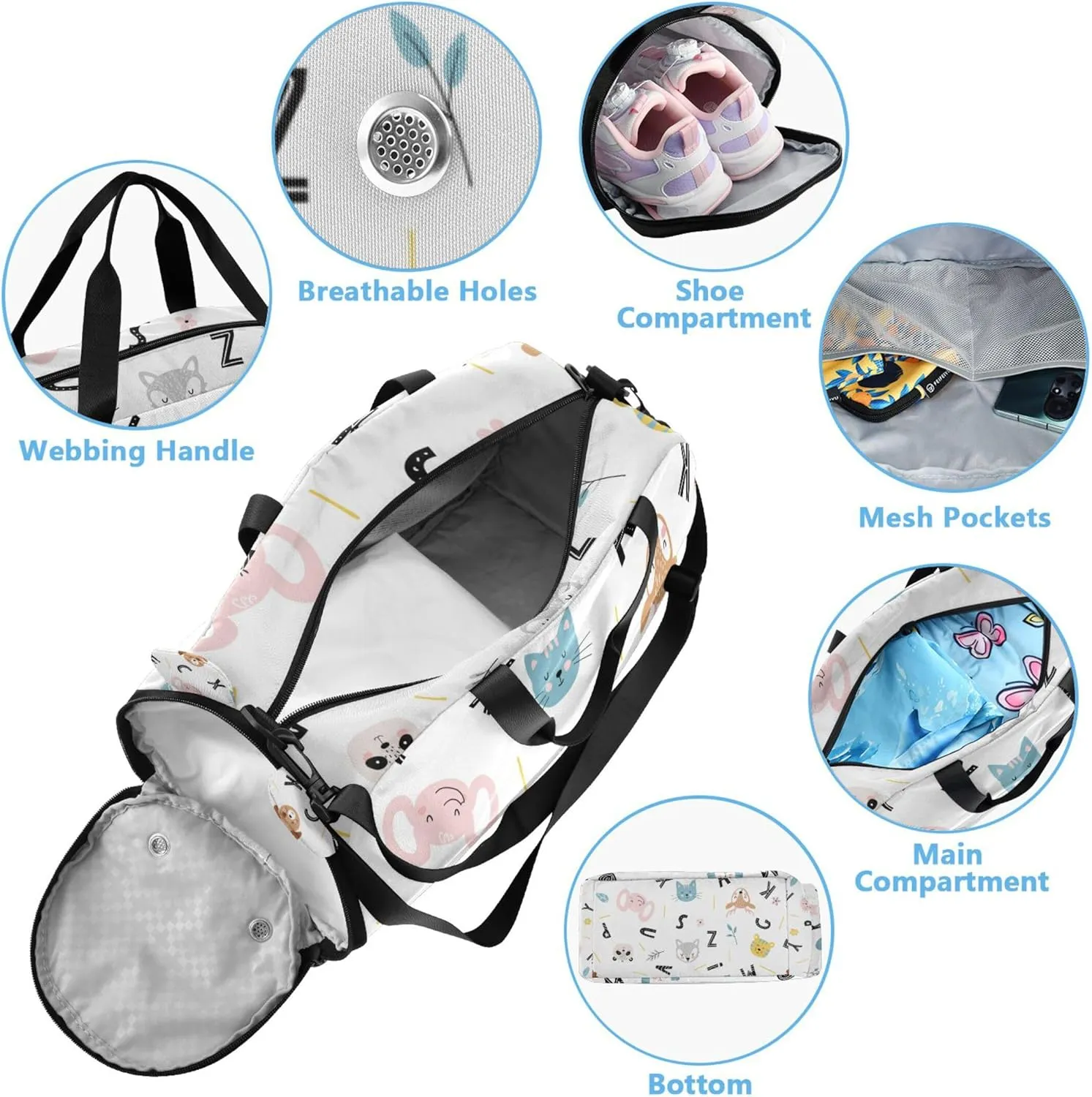Cute Pattern Baby Animals Flowers Girl's Gym Duffel Bag with Shoes Compartment Large Capacity Carry On Bag for Travel, Sports, Fitness & Workout
