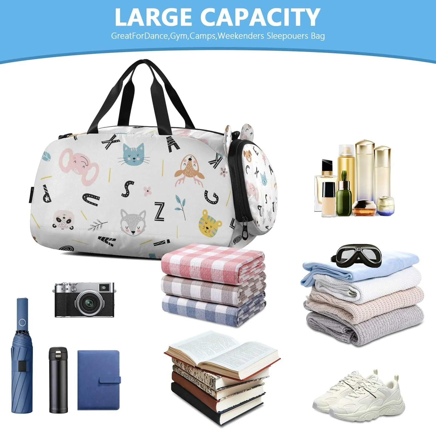Cute Pattern Baby Animals Flowers Girl's Gym Duffel Bag with Shoes Compartment Large Capacity Carry On Bag for Travel, Sports, Fitness & Workout