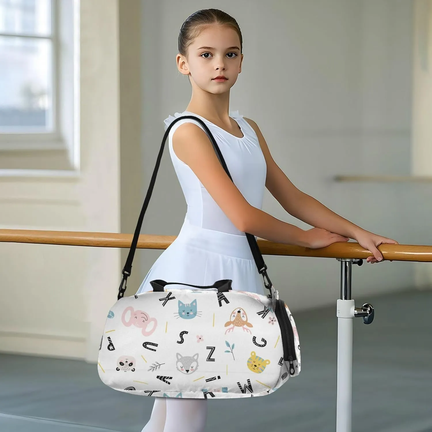 Cute Pattern Baby Animals Flowers Girl's Gym Duffel Bag with Shoes Compartment Large Capacity Carry On Bag for Travel, Sports, Fitness & Workout