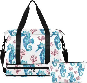 Cute Seahorses White Weekender Bags for Women Men Travel Bag with Shoes Compartment Toiletry Bag Large Duffel Bag for Hostipal Sports Travel